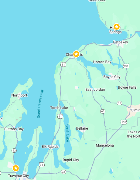 Map of area from Traverse City, Michigan to Harbor Springs, Michigan